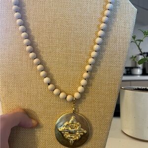 Gold Medallion Pendant Necklace with White Beaded Chain
